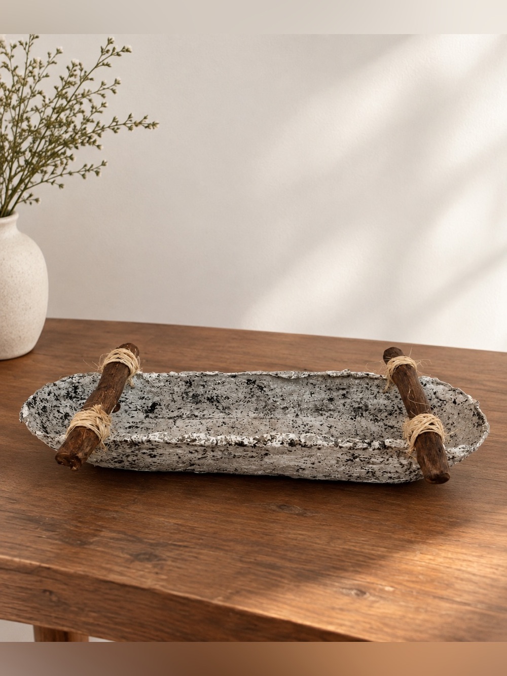 Handmade Rustic Stone-Look Decorative Tray with Wood Handles